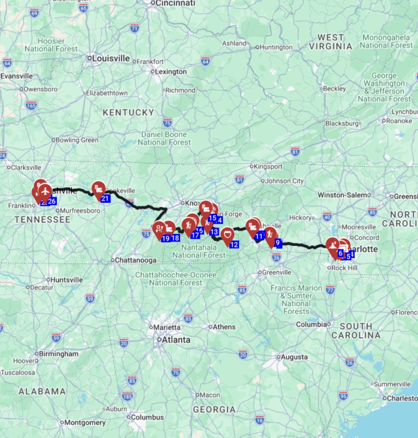 Map for השכרת קרוואן טיול קרוואנים בארהב כולל תכנון מסלול משרלוט לנאשוויל